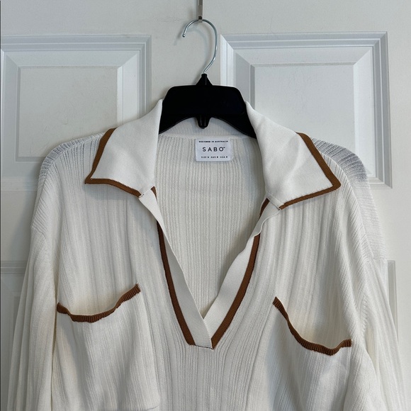 NWOT SABO Adair Oversized White Knit Polo with Tan Tipping size S - Picture 6 of 16